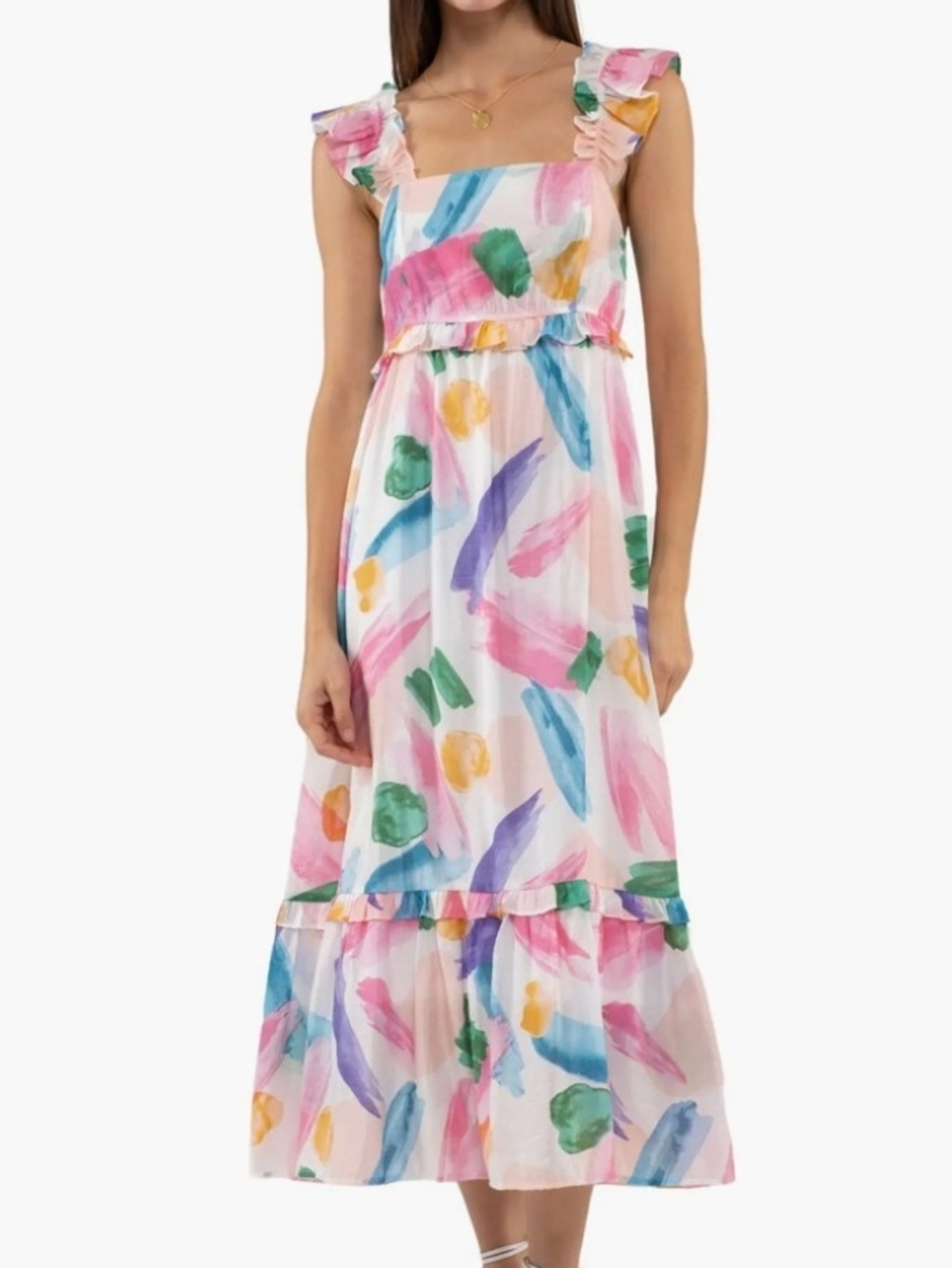 Blu Pepper Maxi Dress Multicolor Brushstroke Ruffle Boho Sundress Size Large